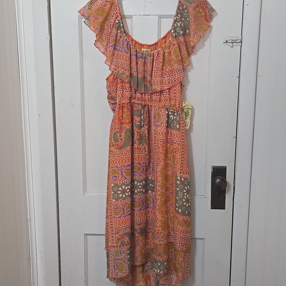 BOHO Orange PAISLEY ON OR OFF SHOULDER HI LO FUN LARGE DRESS